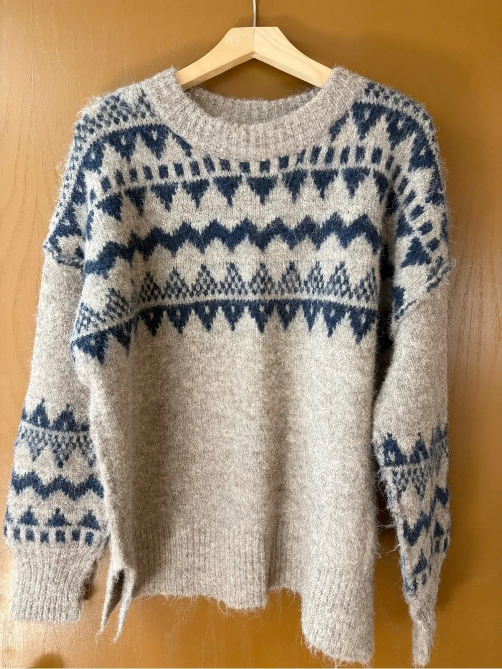 Altar'd State Taupe & Navy Fair Isle Crewneck Sweater - Picture 2 of 7
